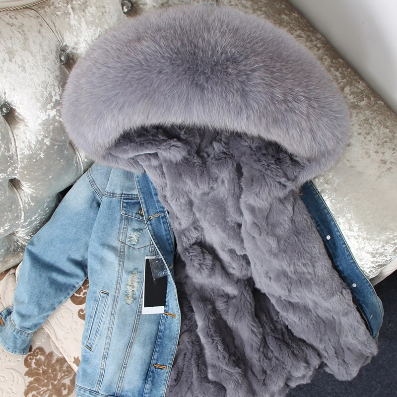 

Aoottii 2022 Winter Jacket Women Real Fur Coat Parka Real Raccoon Collar Rex Rabbit Liner Bomber Denim Jacket Streetwear Fashion