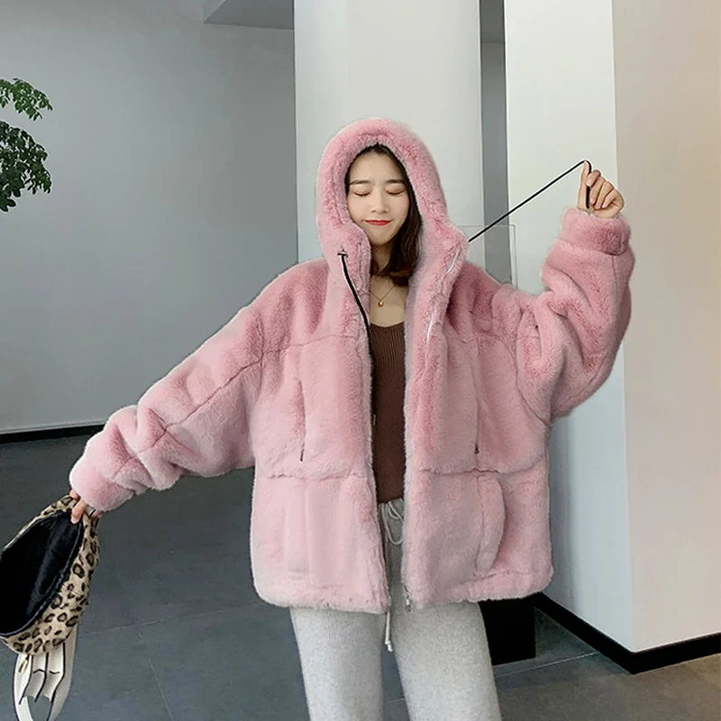 Faux Fur Coat Women's Fashion Thicken Winter Oversize Loose Warm Jacket Parker Mink Faux Casual Leopard Print Hooded Jacket
