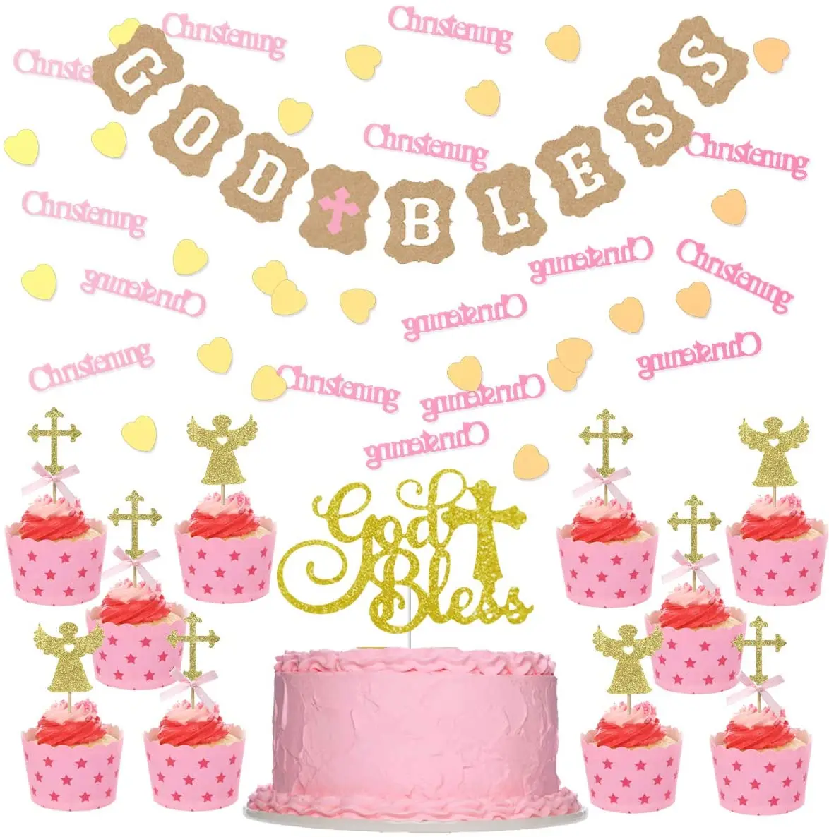 

Baptism Decorations for Girls Pink Gold Bless Banner Cake Topper, Christening Confetti Baptism First Communion Party Supplies