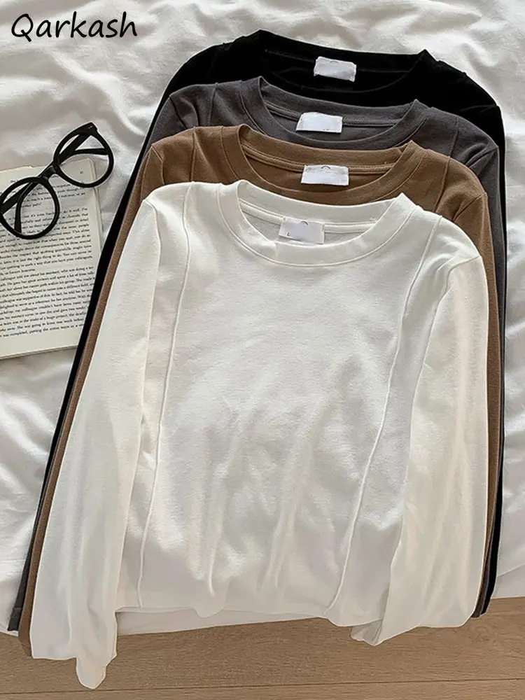 

Long Sleeve T-shirts Women Crop Tops Slim Fit Elegant Y2k Clothes Sexy Autumn Mujer Ropa Minimalist Solid 4 Colors Korean Style