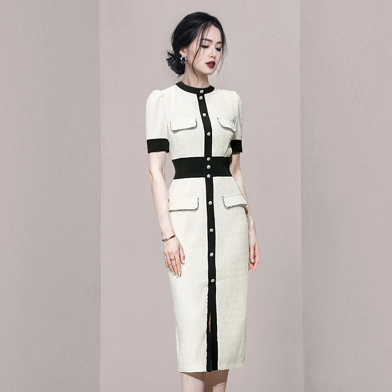 

Женское офисное платье в полоску, модельное элегантное облегающее платье контрастных цветов в Корейском стиле для офиса, лето