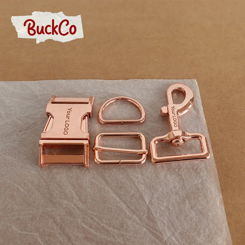 

Engraved 30mm Rose Gold(metal buckle+adjust buckle+D ring+metal dog clasp)for customized personal DIY pet supplies accessories