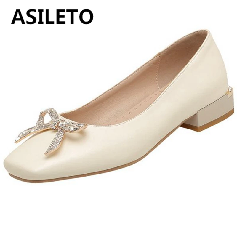 

ASILETO Woman's Pumps Shoes 2022 Solid Apricot Beige Spring Concise Square Toe Low Heels Slip-on Bowtie Plus Size 32-43 S2905