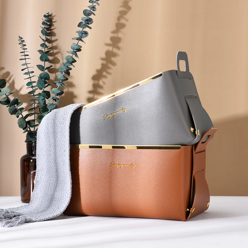 

Organizer For Cosmetic Desktop Storage Light Leather Luxury Box With Handle Desktop Living Room Bedroom Snacks Leather Tray Skin