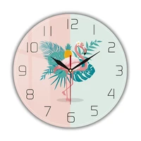 flamingo pink and green printing wall clock girl room decor for living room natural animal art morden quite sweep quartz watch