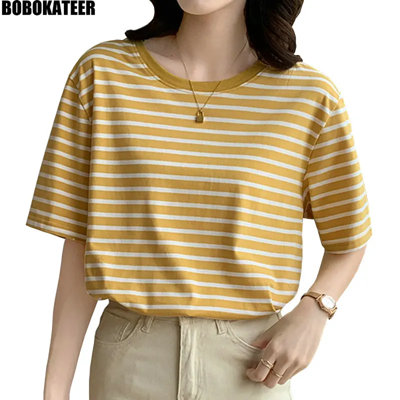 

BOBOKATTER T-shirt For Women Clothes Vintage Summer Tops Stripe Casual Ladies Tshirts Short Sleeve Yellow Tee Shirt O-Neck 2022