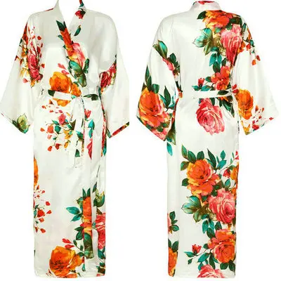 Owiter Long Floral Robe Kimono Blush Pure Silk Satin Flower Bathrobe Night Dress Wedding Robes for Bridesmaids Bride Sleepwear