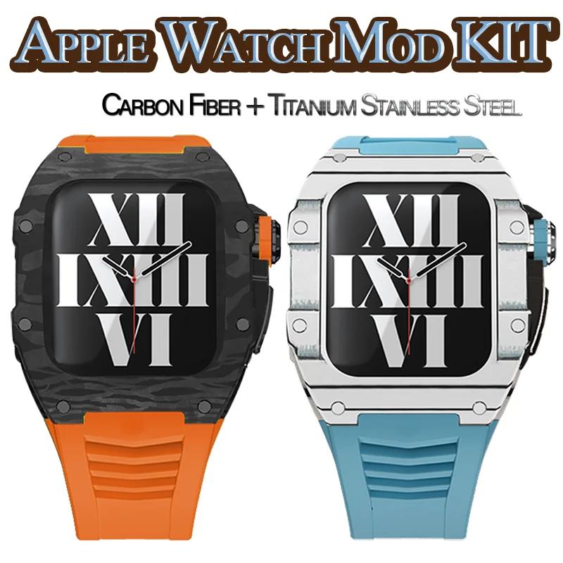 

Carbon Fiber Watch Modification for Apple Watch 7 45mm Titanium Alloy Case for IWatch 6 SE 5 4 44mm Fluoro Rubber Strap Richard