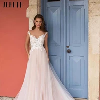 2022 simple bride dress cap sleeve floor length backless wedding gowns tulle lace appliques scoop neck bridal robe veslidos