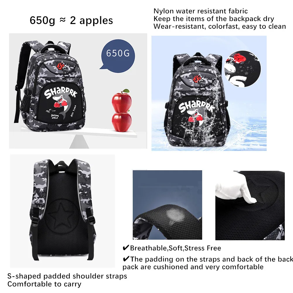 Little Kids Backpacks for Boys Girls Cartoon Shark Camo Print Elementary School Bookbags Kindergarten Backpack Travel Daypacks