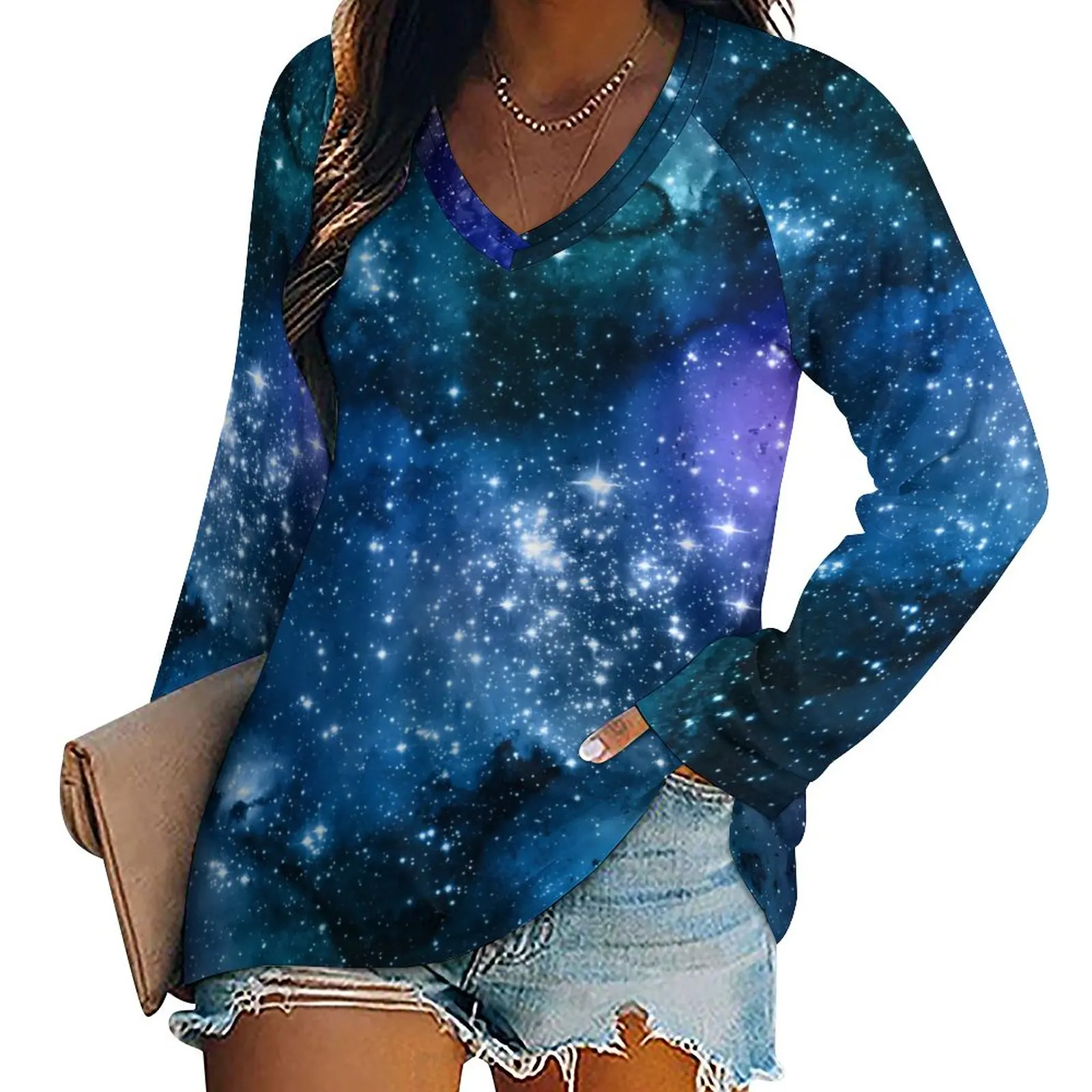 

Футболка с длинным рукавом для влюбленных, модная Милая рубашка с принтом звездного космоса, голубого неба, одежда для любителей Галактики, ...