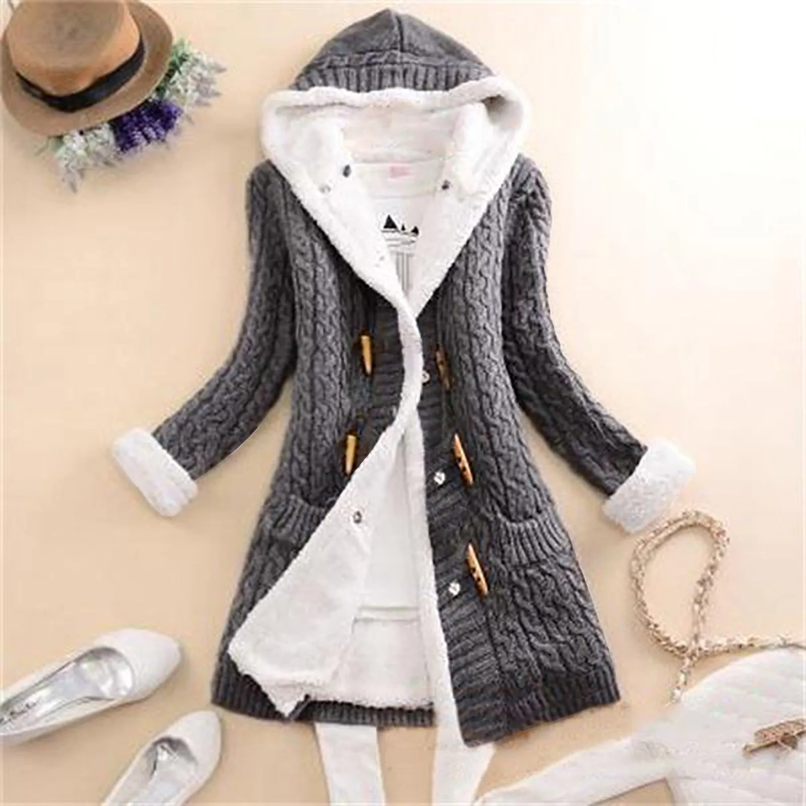 

Women Casual Knit Button Long Sleeve Thick Warm Hooded Cardigan Coat Womens Navy Blue Cardigan Sweater Women Duster Cardigan