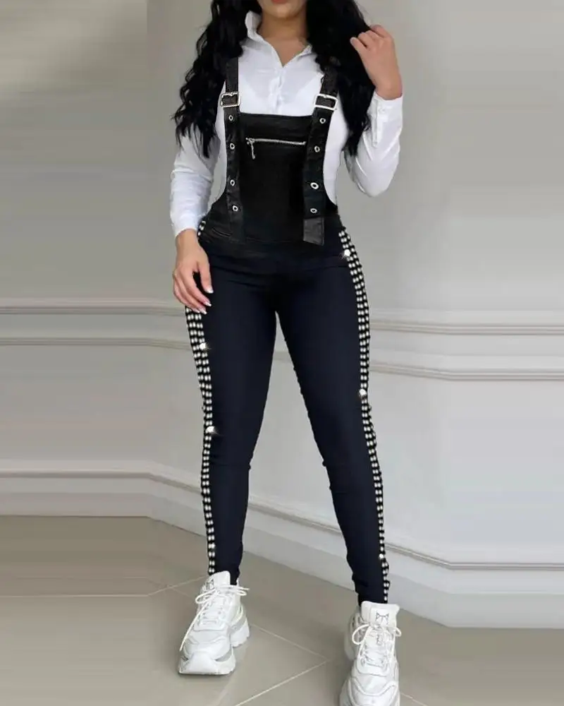 

Rhinestone Decor Buckled Suspender Jumpsuit Women Sleeveless High Waist Spring Summer Overall Pants Jumpsuits Solid Color