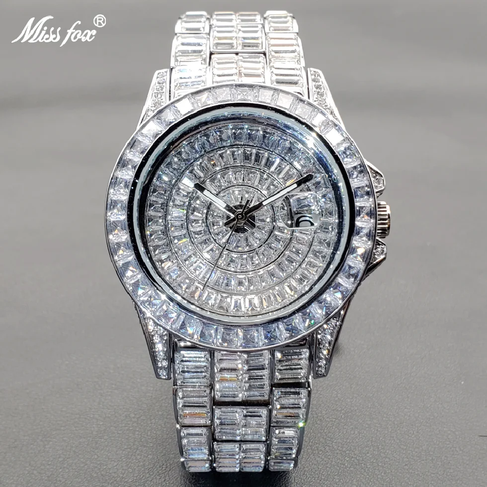 

MISSFOX Fully Baguette Diamond Watches For Men Top Luxury Stainless Steel Automatic Date Wristwatch Hip Hop Ice Out Male Clock