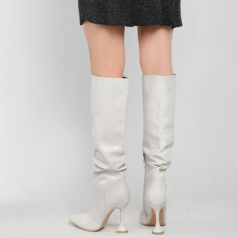 Sexy Women Solid Color Long Boots Thin Heel Microfiber Pointed Toe Shoes Female High Heel Pleated Zipper-Sid Punk Boots Female