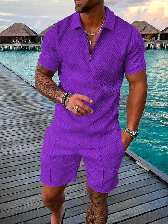 

S-5XL New summer men's fashion zipper polo shirt + shorts suits casual street outdoor seaside men's suits plus size Harajuku