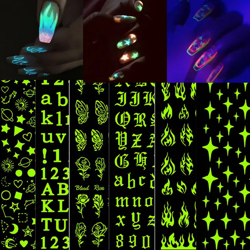 

1PC 3D Luminous Nail Stickers Flame Butterfly Star Moon Summer Design Glow in The Dark Sliders Manicure Decorations