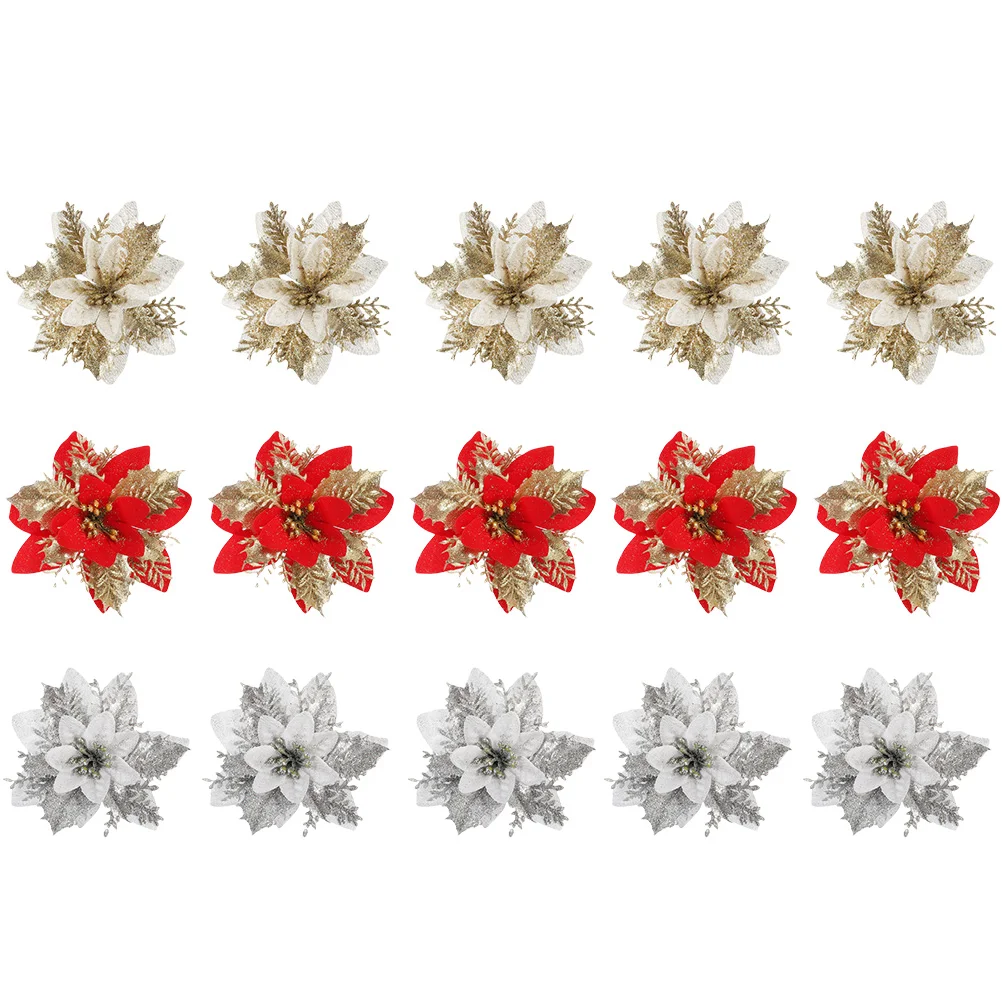 

Poinsettias Christmas Tree Decorations Flowers Glitter Poinsettia Flowers Christmas Artificial Flower Home decor