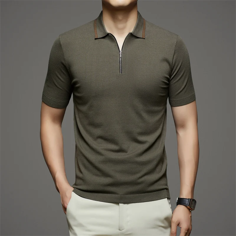 Мужская трикотажная кофта на молнии с коротким рукавом и отложным воротником