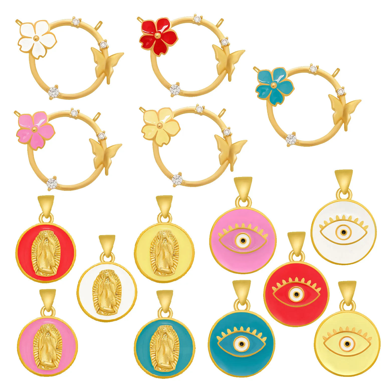 

Enamel Zirconia Round Flower Butterfly Virgin Mary Evil Eye Pendant For Necklace Earrings Bracelet for Jewelry DIY Accessories