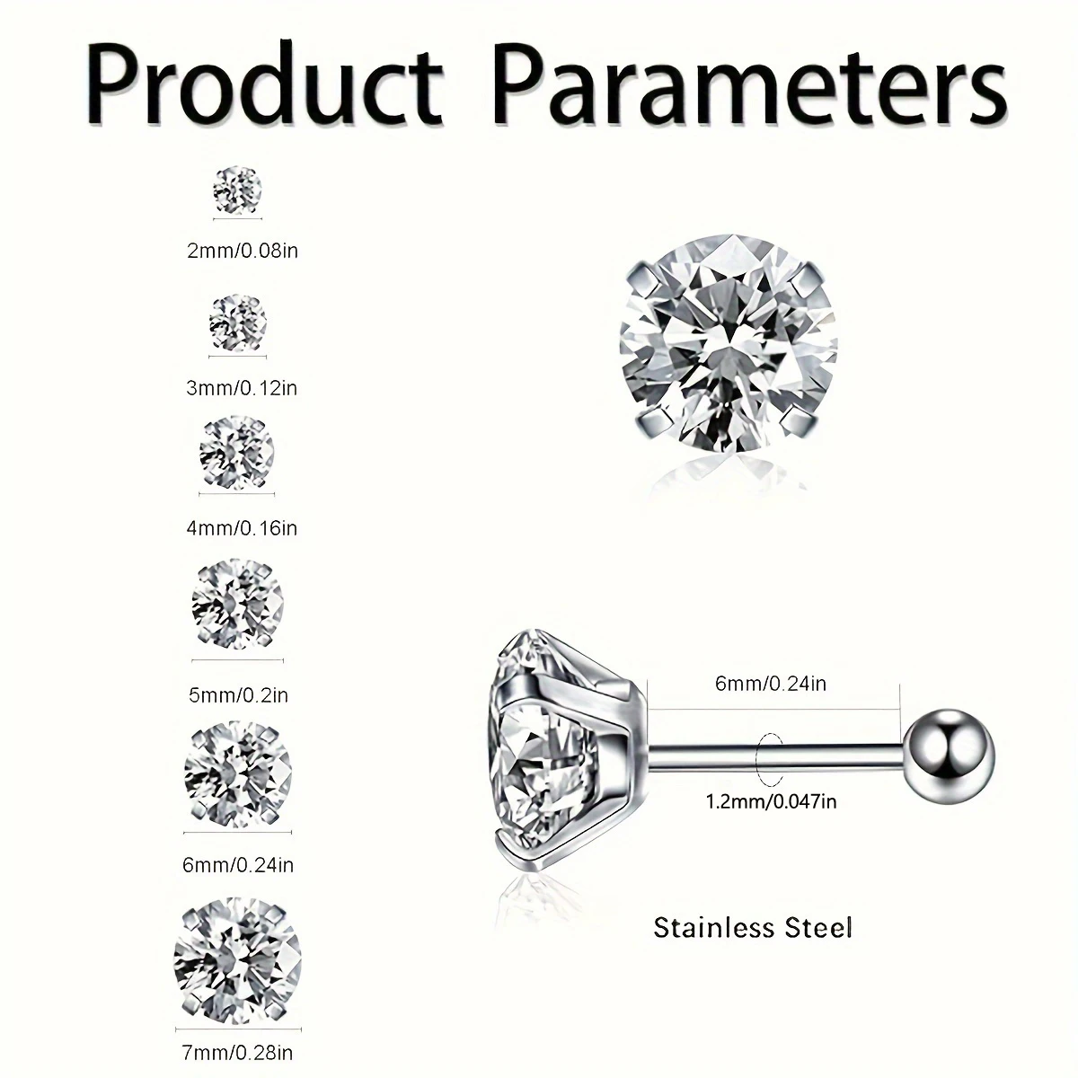 Серьги-гвоздики из нержавеющей стали с фианитом 16 г 2-7 мм