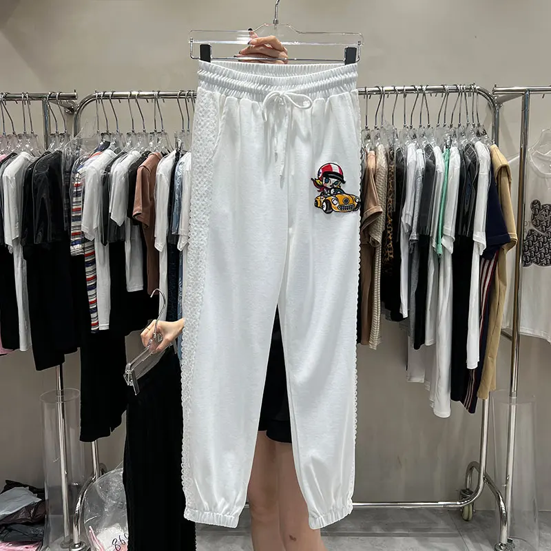 

Summer Women Thin Trousers 2022 New Fashion Patchwork Lace Cartoon Embroidery Drawstring Elastic Waist Bundle Feet Harem Pants