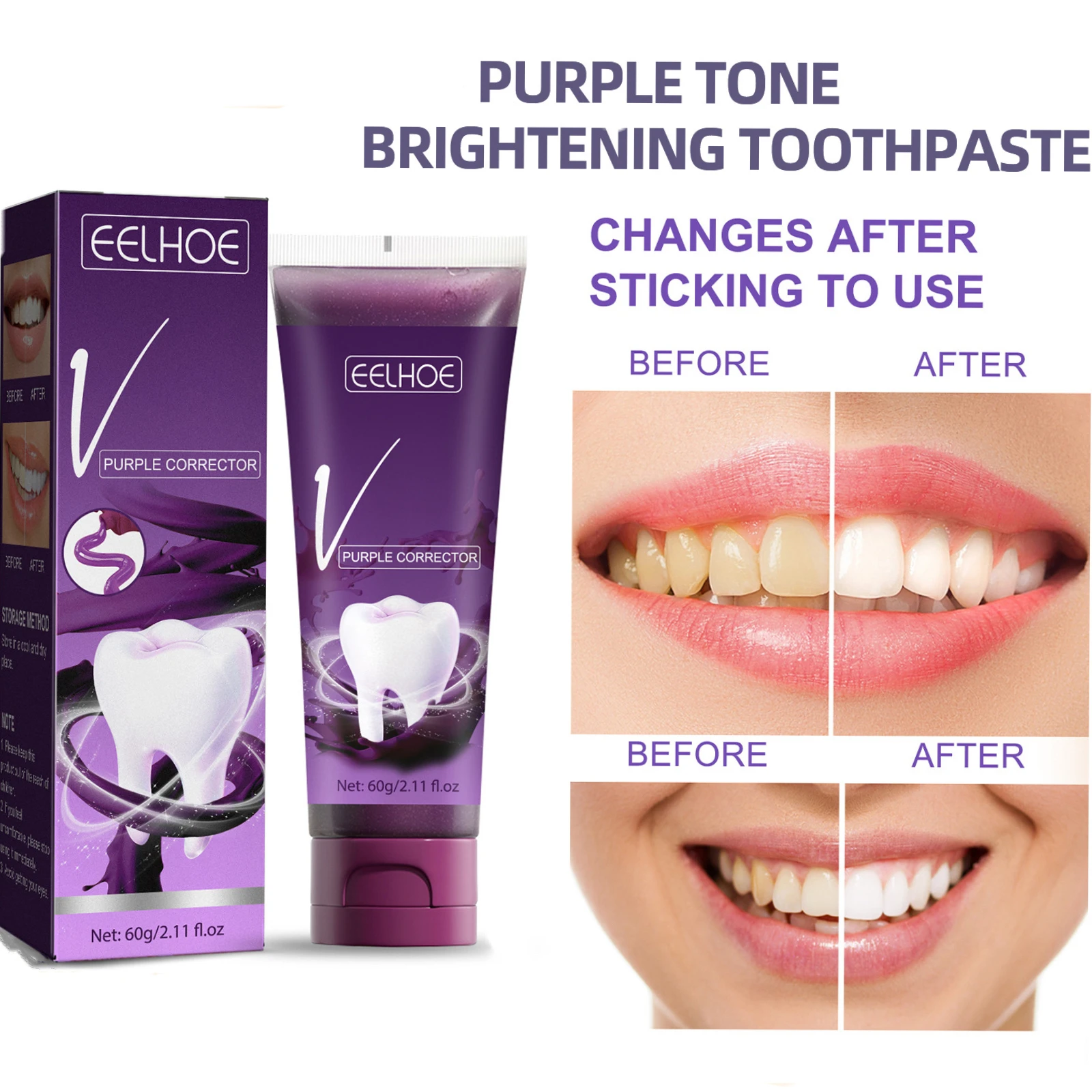 

Purple brightening white toothpaste dazzle white teeth clean mouth fresh clean tartar yellow tooth stains remove bad breath