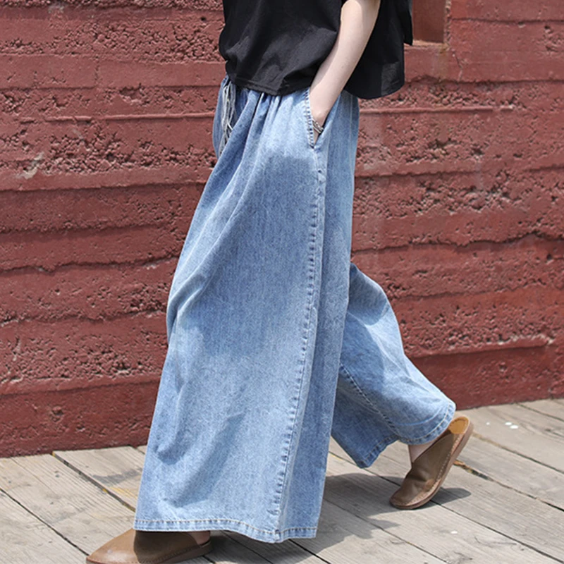 High Waist Jeans Female Spring Autumn Made Old Wash Denim Lace Up Wide Leg Pants Literary Loose Trouser Skirt Large Slim Pants