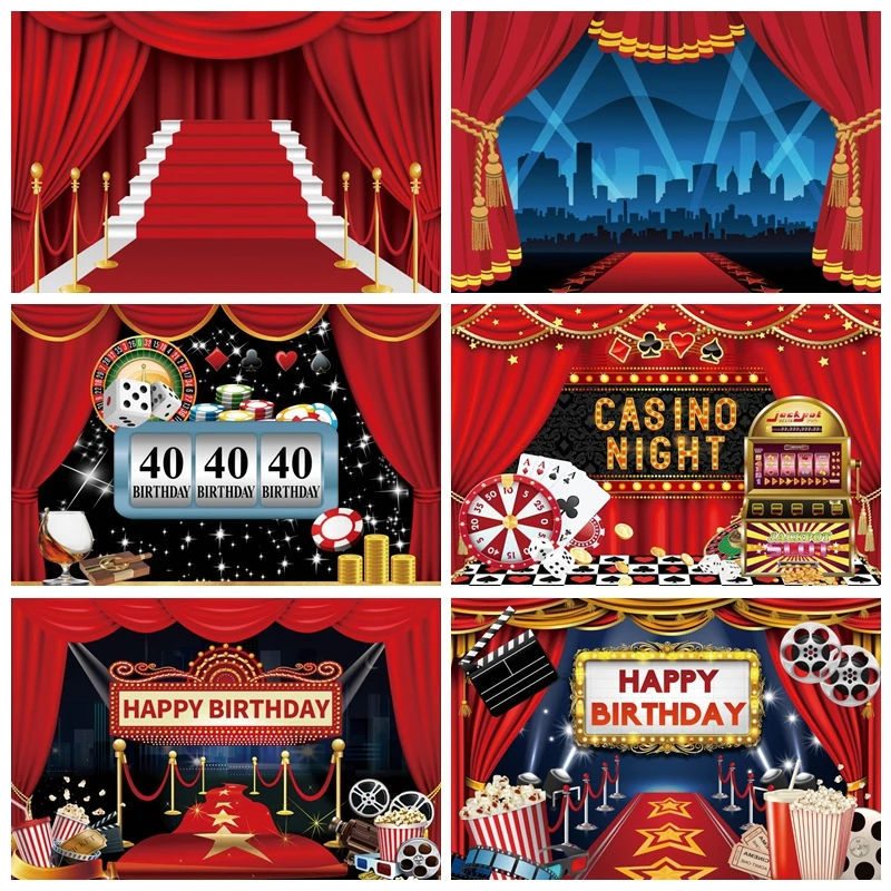 Red Carpet Curtain Baby Birthday Photography Backdrop Film Cinema Movie Poker Playing Card Casino Photo Photographic Background