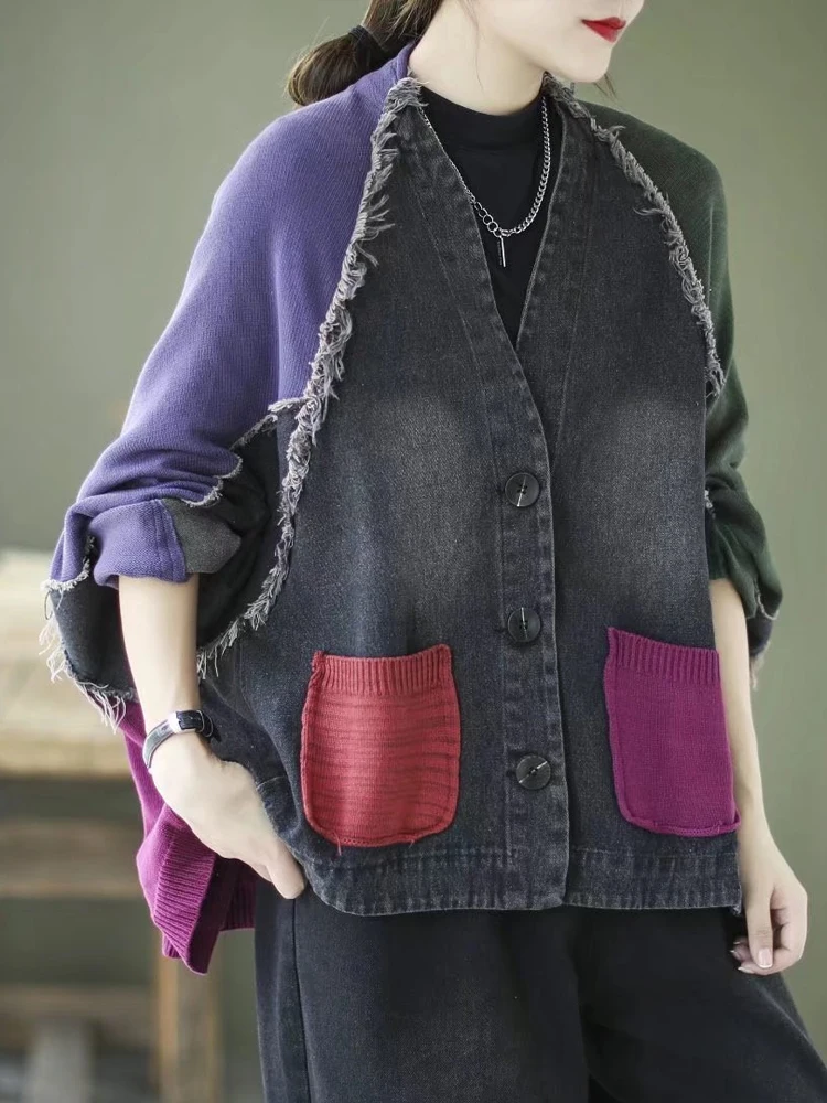 Max LuLu 2022 Весенняя винтажная Вязаная Дизайнерская Свободная джинсовая куртка с