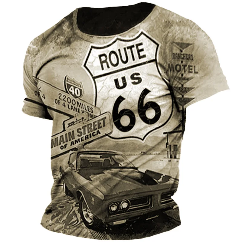 

Vintage Men's T-shirt USA 66 Road Shirt Summer O Neck Sweatshirt Slim Tops Biker Style Mens Clothing Casual Short Sleeve Tees
