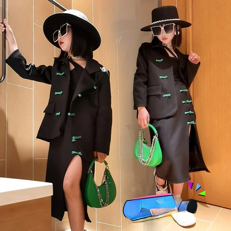 

Girls Chinese style plate buckle suit jacket skirt two-piece spring and autumn 2022 new style split skirt suit tide