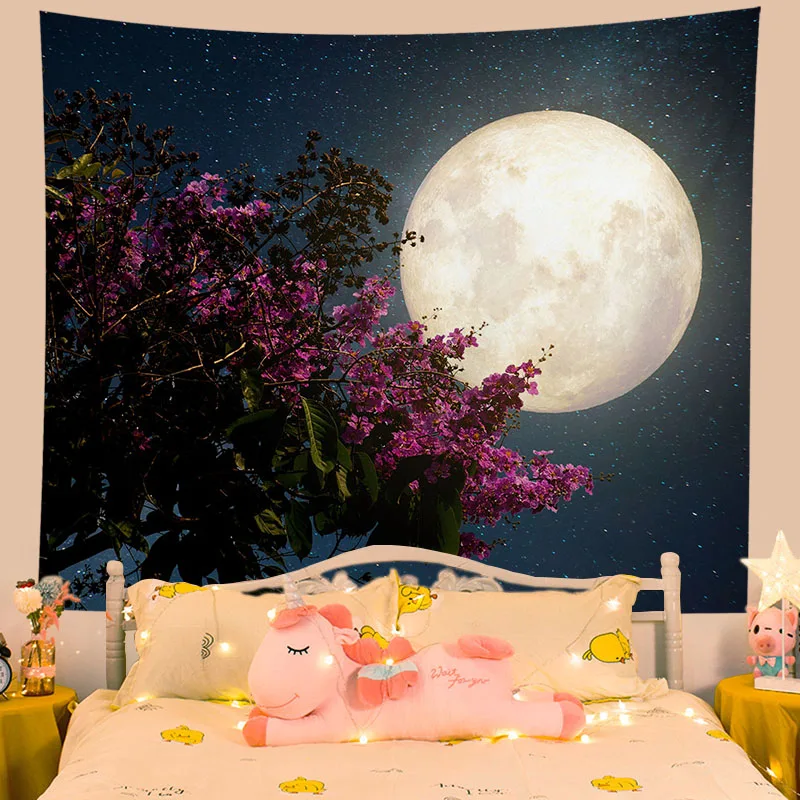 Гобелен цветок луна ночь домашняя эстетика гостиная настенное украшение
