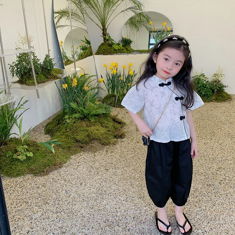 

Girls Suit 2022 Summer Children's Chinese Style Disc Buckle Cheongsam T-Shirt Foreign Style Top