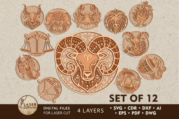 

ZODIAC Laser Files for Cutting SVG DXF DWG CDR and Digital Multilayer Layout Files Engraving Cutting