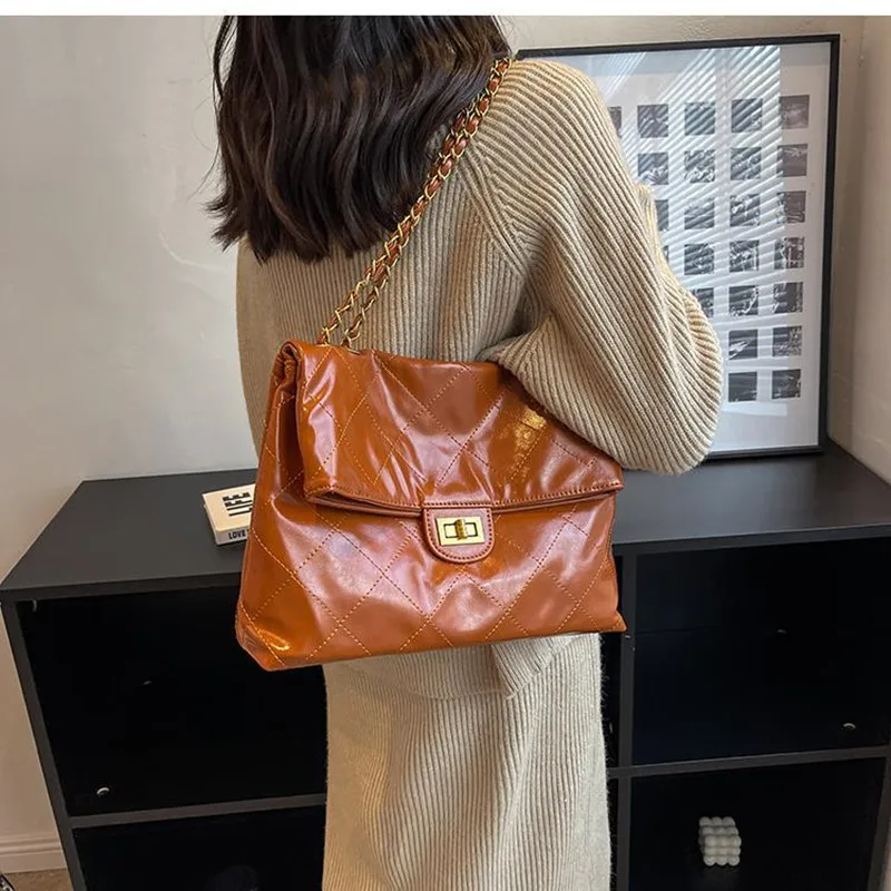 

Autumn Winter Women's Messenger Bag 2022 New Large Capacity Rhomboid Lattice Chain Diagonal Shoulder Bag Leather Bucket Tote Bag