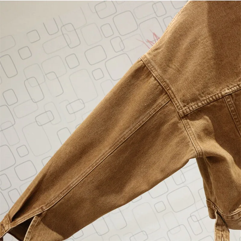 Весенняя винтажная стираная коричневая короткая джинсовая куртка женская