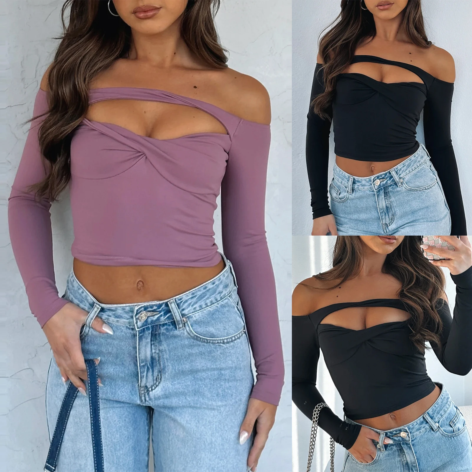 

Y2k Crop Top Navel Exposed Off Shoulder Hollow Out Long Sleeve Top Korean Sexy Spicy Girl Streetwear Bodycon Lady Clothing