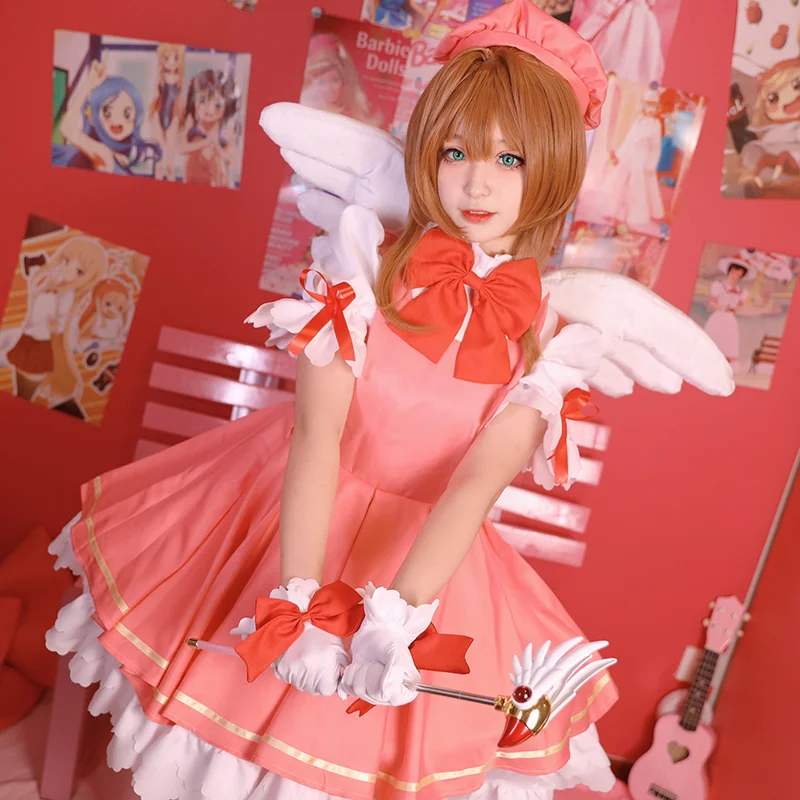 

Cardcaptor Sakura Cosplay Costumes Lolita Maid Dress Card Captor Kinomoto Sakura Kawaii Dress Uniform Anime Clothing Wig Wings