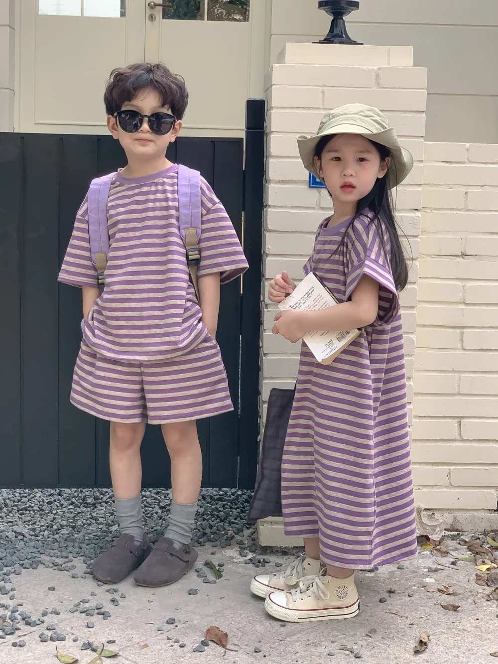 

Summer Children Clothes Sets Kids Striped T-Shirt Shorts Boys Casual Suit Girls Loose Long Dresses Brother And Sister Clothes