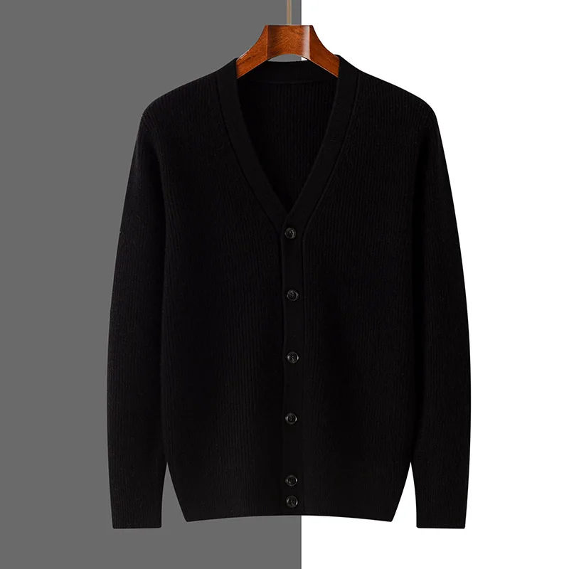 Мужской кардиган с V-образным вырезом толстый однотонный Повседневный вязаный