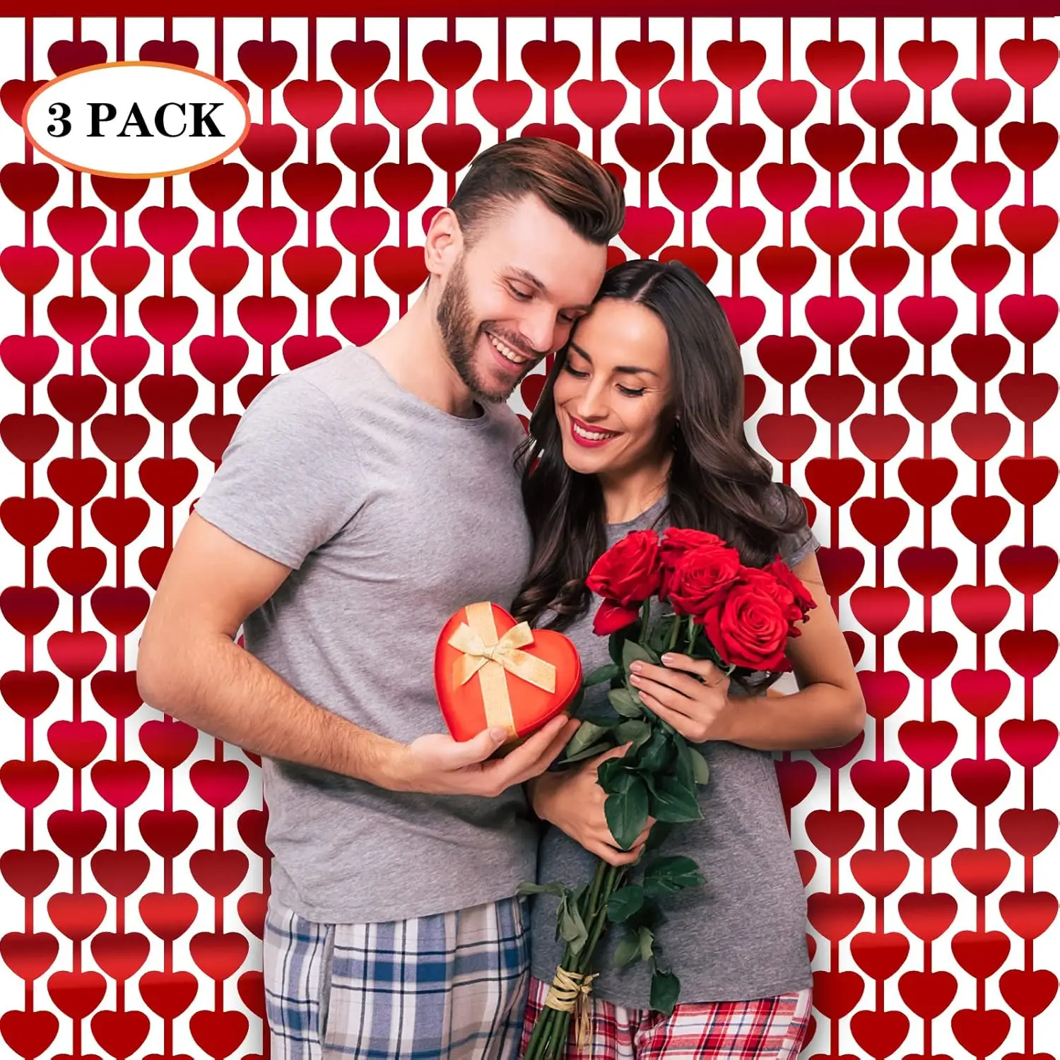 1*2M Valentine's Day Foil Curtain Red Heart Shape Tinsel Streamer Backdrop for Engagement Wedding San Valentin Party Decoration