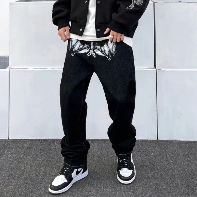 Spoof Portrait Print Denim Pants Mens High Street Jeans Funny Loose Straight Leg Pants Couple Street Casual Loose Pants