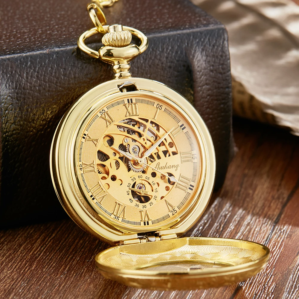 Luxury Gold Mechanical Pocket Watch Exquisite Dial Retro Engraving Double Cover Hollow Hand Wind Clock Men Gifts Pendant Chains
