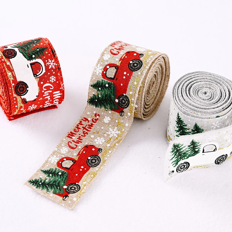 

5M Christmas Ribbon Snowflake Car Elk Print with Wired Edge Gift Wrapping Christmas Tree Decoration Wreath Bows Craft Ribbons