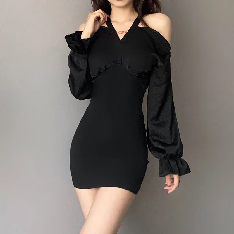 

Sexy Strapless Halter High Waist Women's Tight Dress Spring Summer Black Slim Long Sleeve V-Neck Elegant Female Bodycon Dress