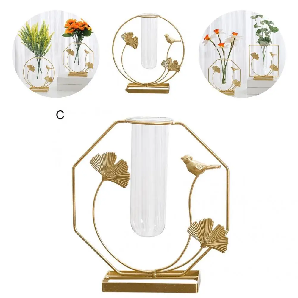 

Portable with Glass Tube Hydroponic Metal Golden Flower Vase for Office