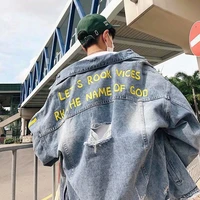 new trendy brand ripped denim jacket mens loose bf style light color korean version of denim jacket youth jacket outerwear
