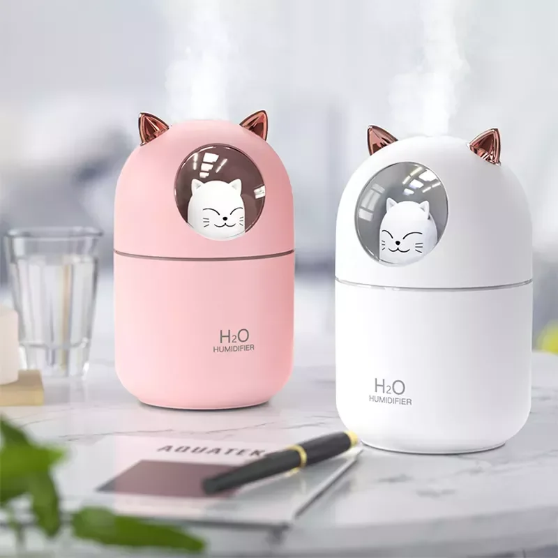 

NEW2023 300ml Air Humidifier Ultrasonic Aroma Oil Diffuser Romantic Color LED Lamp Cute Cat USB Humidificador