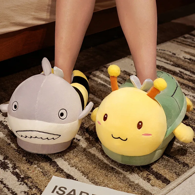 Fun Women Slippers All Inclusive Home Fur Warm Ladies Plush Shoes One Size Fluffy Girls Sliders 2023 New Fur Cartoon Turtle Bee